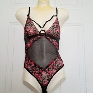 Mapale Women's Elegant Black and Pink Floral Lace Bodysuit